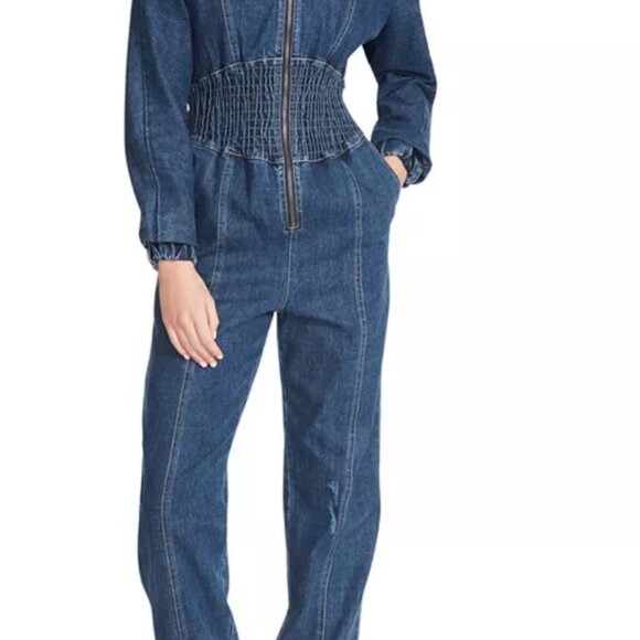 NWT Steve Madden "Nissa" Distressed Denim Smock-Waist Jumpsuit Size Small - Picture 2 of 16